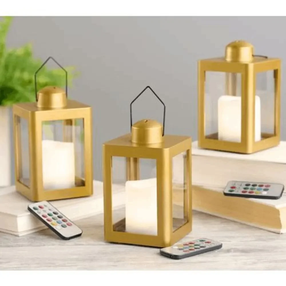 Home Reflections‎ Set of 3 Mini Lanterns with Remotes Bronze Indoor Outdoor New